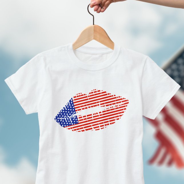 Patriotic USA Lipstick Kiss Lip Print T - Shirt (Red white and blue lipstick kiss just for you)