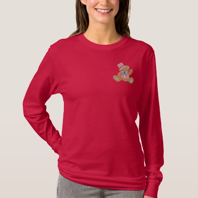 Patriotic USA Teddy Bear Besticktes Langarmshirt (Vorderseite)