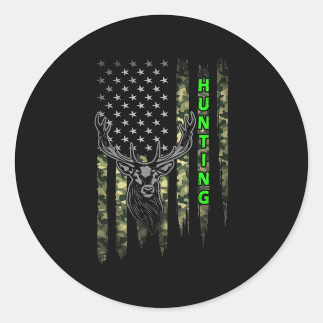 Patriotic Whitetail Buck Deer Hunting American Cam Runder Aufkleber (Vorderseite)