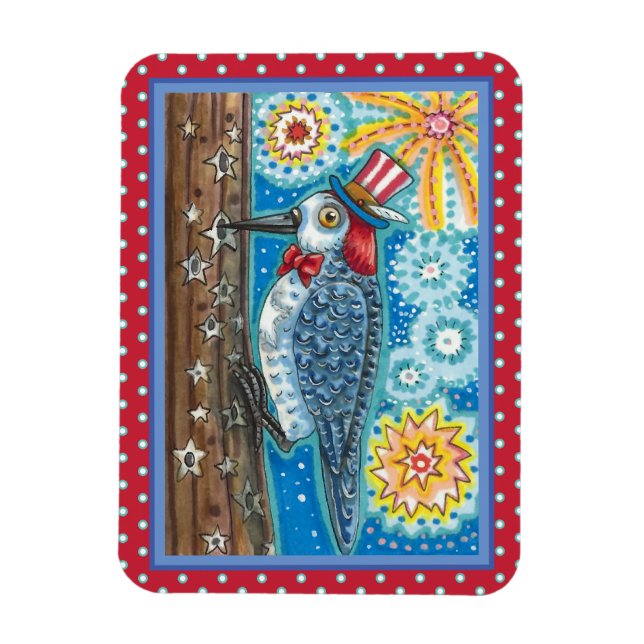 PATRIOTIC WOODPECKER FIREWORKS, 4TH OF JULY BIRD MAGNET (Vertikal)
