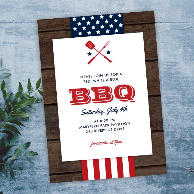 Patriotique 4 juillet barbecue Rustique Invitation (Créateur téléchargé)