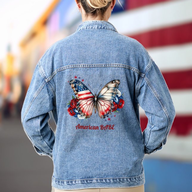 Patriotique Papillon Américain Babe Denim Veste (Patriotic Butterfly American Babe Denim Jacket)