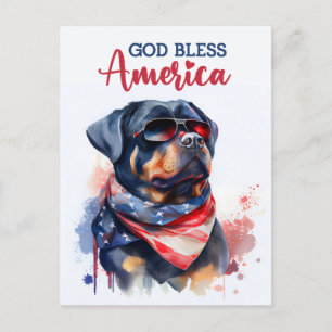 Patriotique Rottweiler, Carte Postale God Bless Am