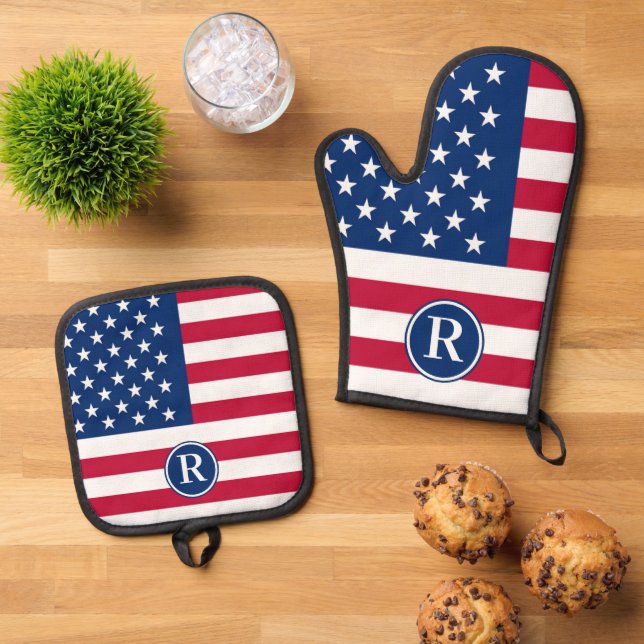 Patriotisch American Red White Blue Custom Monogra Ofenhandschuh & Topflappen-Set (Oben Unten)