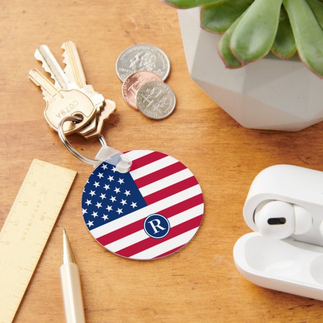 Patriotisch American Red White Blue Custom Monogra Schlüsselanhänger (Schreibtisch)