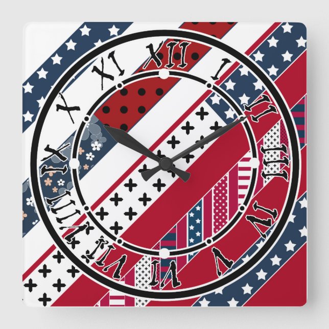 Patriotisch, Patchwork Quadratische Wanduhr (Vorderseite)