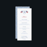 Patriotisch, rot und blau, Monogramm Hochzeit Menükarte<br><div class="desc">Ein elegantes Menü, das hier für einen Hochzeitsempfang gezeigt wird, aber der gesamte Text ist auf Ihre Bedürfnisse zugeschnitten. Dieses Design enthält ein Monogramm-Single-Wappen, das auf beiden Seiten von einer amerikanischen Flagge flankiert wird. Bitte beachten Sie, dass Sie die Kontrastfarbe für den griechischen Schlüssel auf der Rückseite (derzeit dunkelblau) ändern...</div>