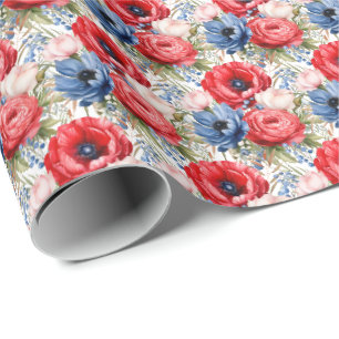 Patriotisch Rot Weiß und Blau Blumen Geschenkpapier