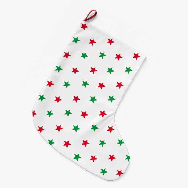Patriotisch rotes, weißes und grünes Sternenmuster Großer Weihnachtsstrumpf (Vorderansicht (hängend))