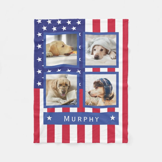 Patriotische amerikanische Flagge 4 Foto Monogramm Fleecedecke (Vorderseite)