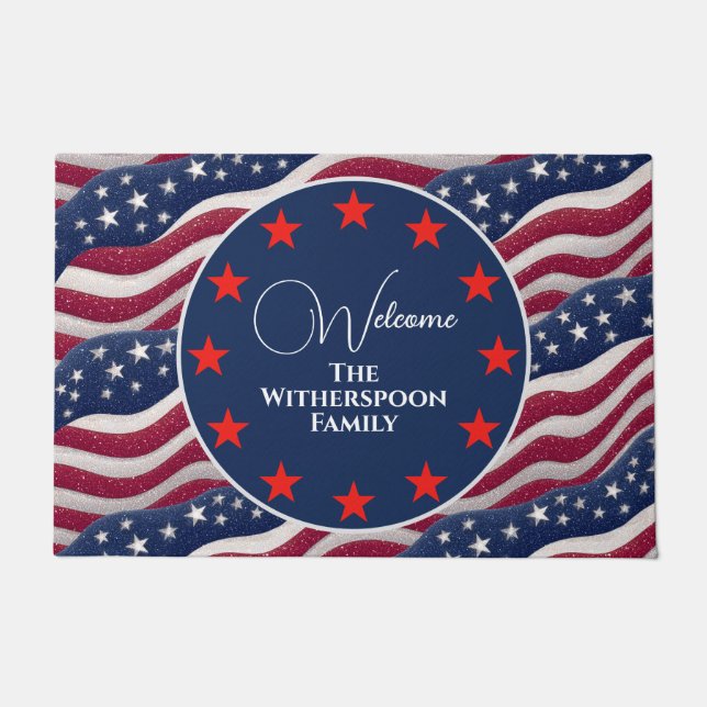 Patriotische amerikanische Flagge Begrüßungsname Z Fußmatte (Vorderseite)