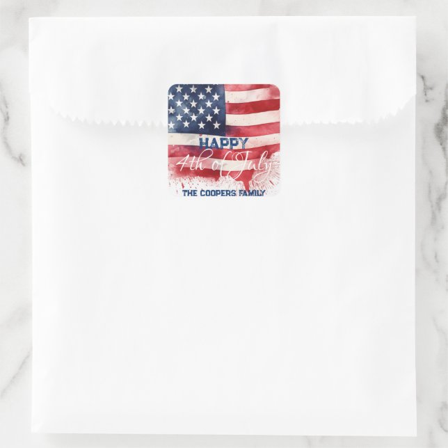 Patriotische amerikanische Flagge Happy 4. Juli Cu Quadratischer Aufkleber (Tasche)