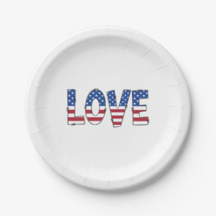 Patriotische amerikanische Flagge LOVE-Typografie Pappteller