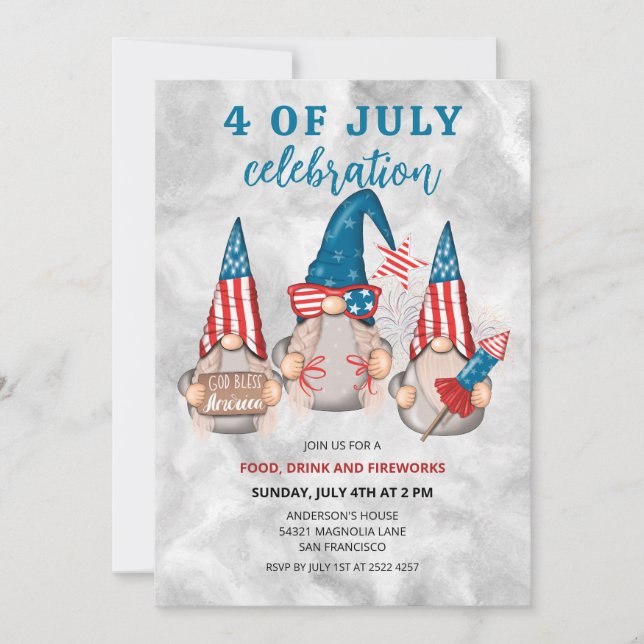 Patriotische amerikanische Gnome 4. Juli Einladung (Vorderseite)