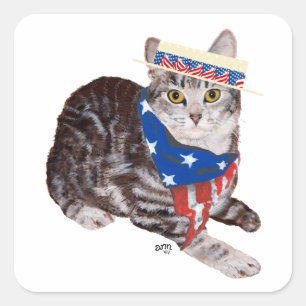 Patriotische Amerikanische Kurzhaar-Tabby-Katze Quadratischer Aufkleber