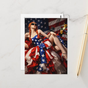 Patriotische amerikanische Mode Frau im Kleid Postkarte