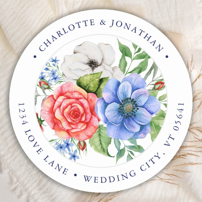 Patriotische Blütenrotblauer Rücksendeadresse Runder Aufkleber (Von Creator hochgeladen)