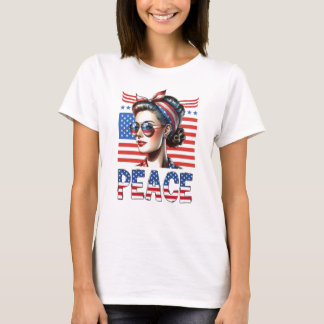 Patriotische Button-Up-Frau im Retro-Retro 4. Juli T-Shirt