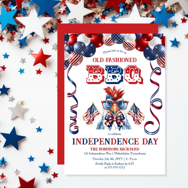 Patriotische Chicken-Sonnenbrille GRILLEN zum Unab Einladung (Balloon Arch Cute Cool Chicken Sporting Sunglasses Independence Day BBQ July 4 Invitation)