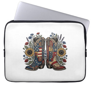 Patriotische Cowboy-Stiefel Sonnenblume Floral Hem Laptopschutzhülle
