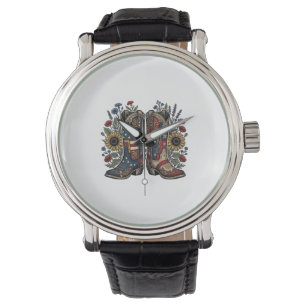 Patriotische Cowboy-Stiefel Sonnenblume Florales H Armbanduhr