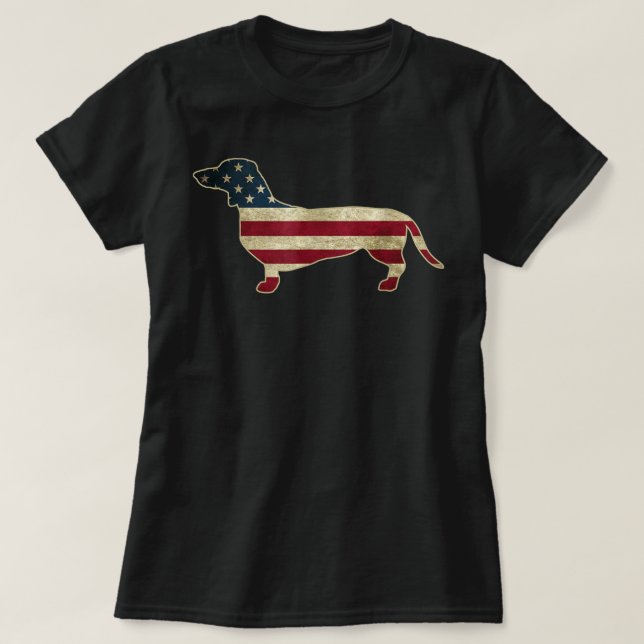 Patriotische Dackel 4. Juli amerikanischer Flaggen T-Shirt (Design vorne)