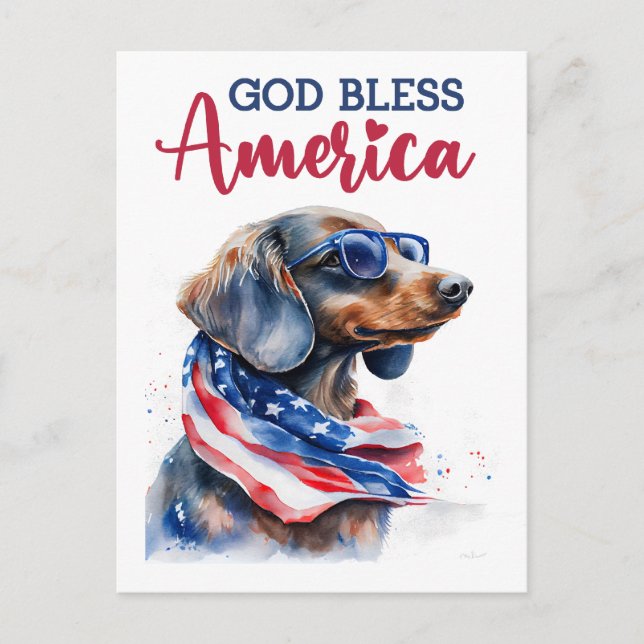 Patriotische Dackel, Gott segne Amerika Postkarte (Vorderseite)