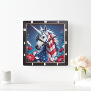 Patriotische Einhornstars Streifen Quadratische Wanduhr