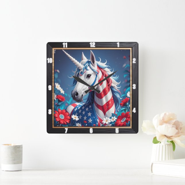 Patriotische Einhornstars Streifen Quadratische Wanduhr (Zuhause)