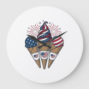 Patriotische Eiscreme-Kegel Vintage Fourth of July Große Wanduhr