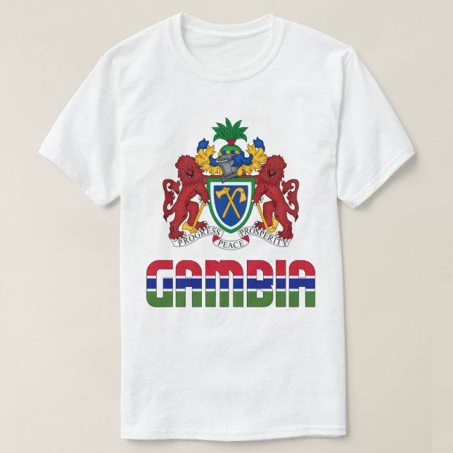 Patriotische Flagge Gambias und Wappen T-Shirt (Design vorne)