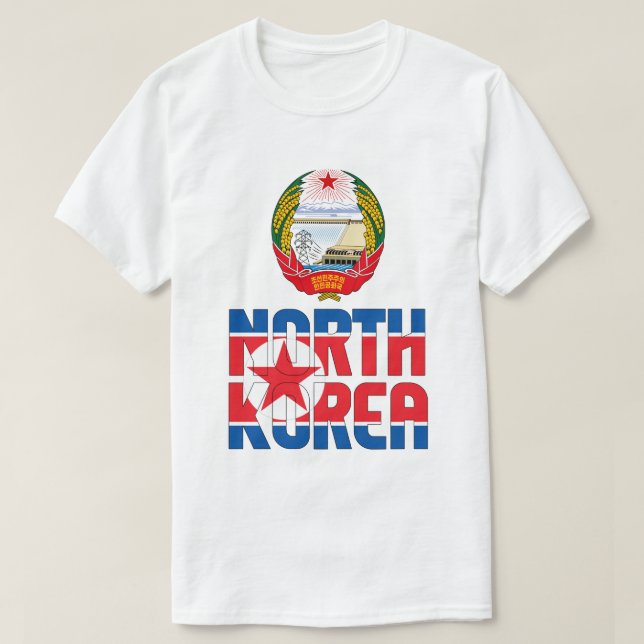 Patriotische Flagge Nordkoreas und Wappen T-Shirt (Design vorne)