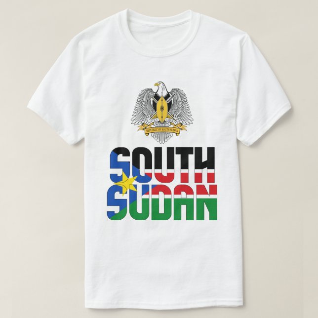 Patriotische Flagge und Wappen Südsudans T-Shirt (Design vorne)