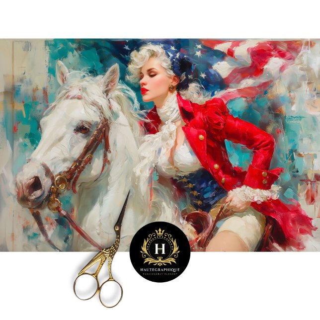 Patriotische Frau am Horseback mit Flaggendekoupag Seidenpapier (Von Creator hochgeladen)