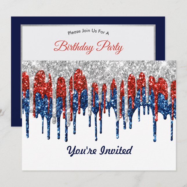 Patriotische Glitzer Tropfen Geburtstag Einladung (Vorne/Hinten)