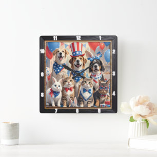 Patriotische Haustiere amerikanische Flagge Quadratische Wanduhr