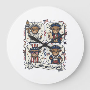 Patriotische Highland-Kuh Rot Weiß und Boujee Große Wanduhr
