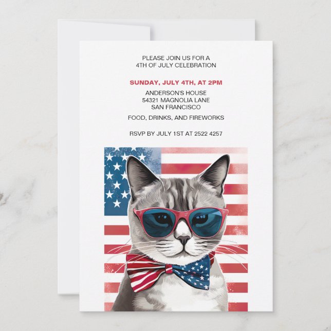 Patriotische Katze 4. Juli Einladungen (Vorderseite)