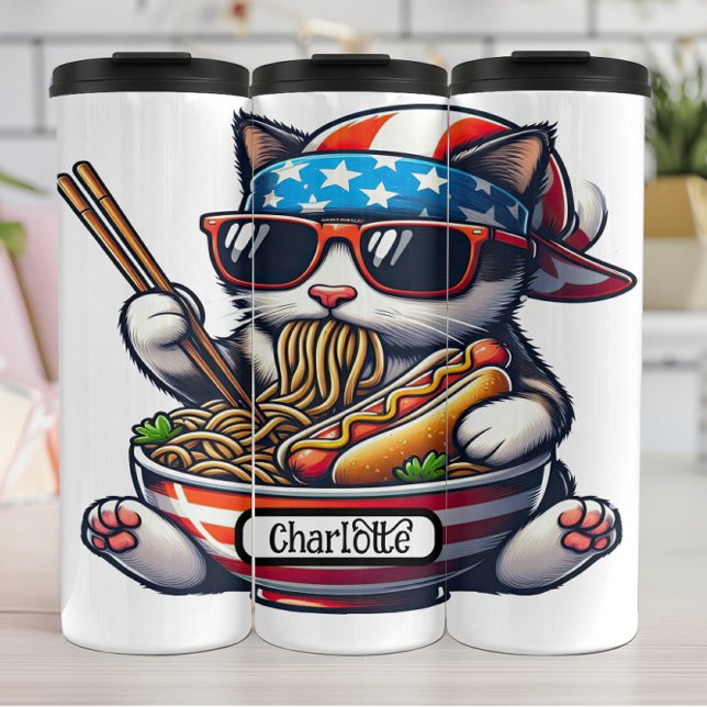 Patriotische Katze: Ramen, Hot Dog Fest Thermosbecher (Von Creator hochgeladen)