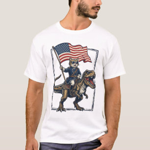 Patriotische Katze reitet auf Dinosaurier Vintage- T-Shirt