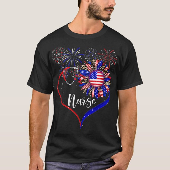 Patriotische Krankenschwester 4. Juli Sonnenblumen T-Shirt (Vorderseite)