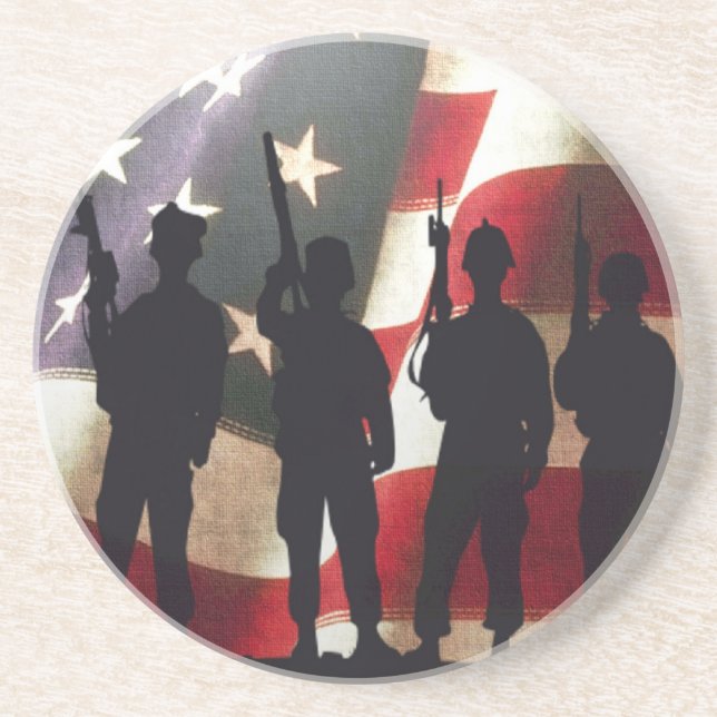 Patriotische Militärsoldat-Silhouetten auf Flagge Untersetzer (Vorne)