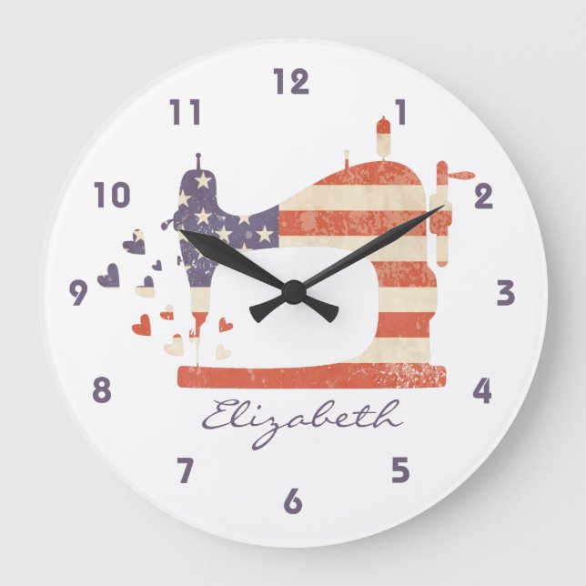 Patriotische Nähmaschine-Wanduhr Große Wanduhr (Vorderseite)