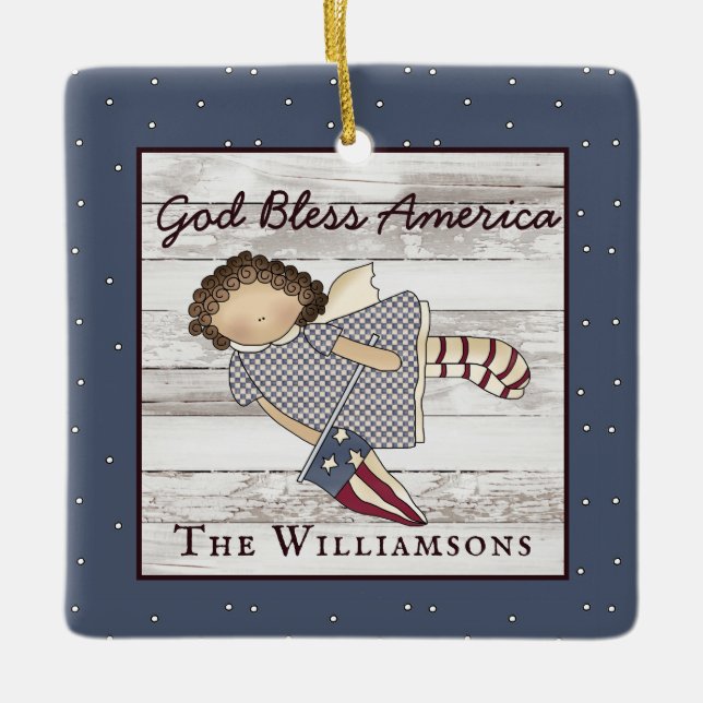 Patriotische Primitive Country Engel Familienname Keramikornament (Vorderseite)