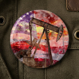 Patriotische Pumpjack-Wasserfarben-Sonnenuntergang Button