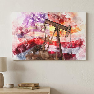 Patriotische Pumpjack-Wasserfarben-Sonnenuntergang Leinwanddruck