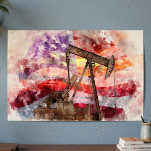 Patriotische Pumpjack-Wasserfarben-Sonnenuntergang Poster