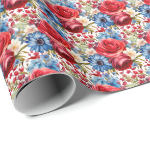 Patriotische Rot-Weiß-Blau-Blumen Geschenkpapier