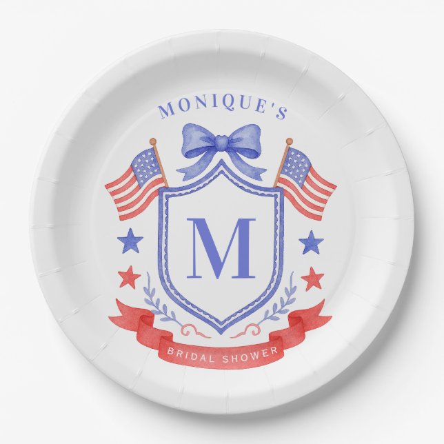 Patriotische Rot-Weiß- und Ich-heirate-Monogramm-J Pappteller (Vorderseite)
