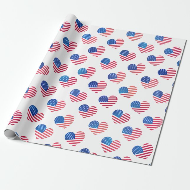 Patriotische rote blaue Sterne Streifen Herzflags Geschenkpapier (Ungerollt)